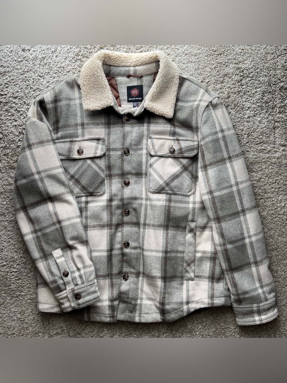 Mountain and Isles Plaid Sherpa Collar Jacket in Gray & Cream Size Large